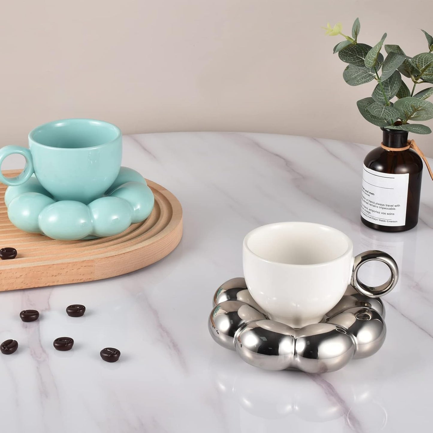 Koythin Ceramic Coffee Mug with Saucer Set, Creative Cute Cup with Sunflower Coaster for Office and Home, 6.5 oz/200 ml for Tea Latte Milk (Electroplating White and Silver)