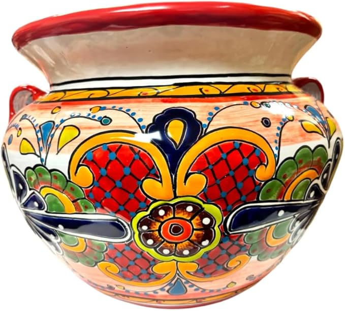 Talavera Michoacana Planter XL Pot Folk Art Multicolor Mexican Pottery Home Decor Hand Painted Garden Indoor Handmade Outdoor 18.5" (Multi 7)