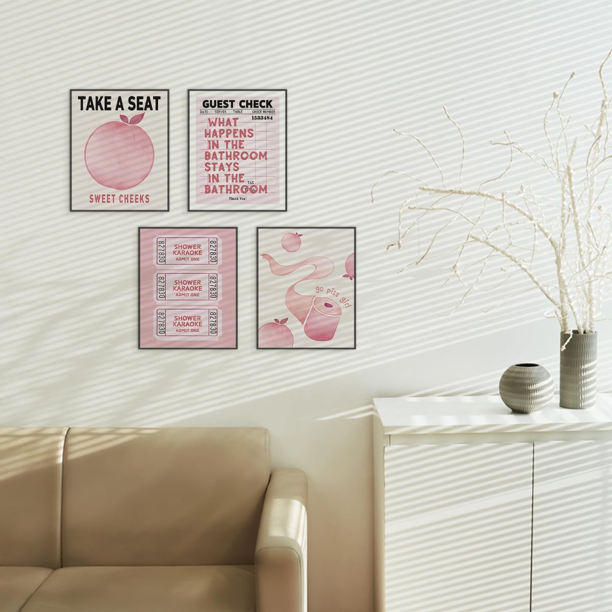 ETVISO Funny Pink Girls Peach Bathroom Decor Wall Art Posters Set of 4, Funny Pink Cute Shower Karaoke Ticket Guest Check Wall Decor for Girls Bathroom Washroom Restroom Toilet, 8x10 Inch (Unframed)