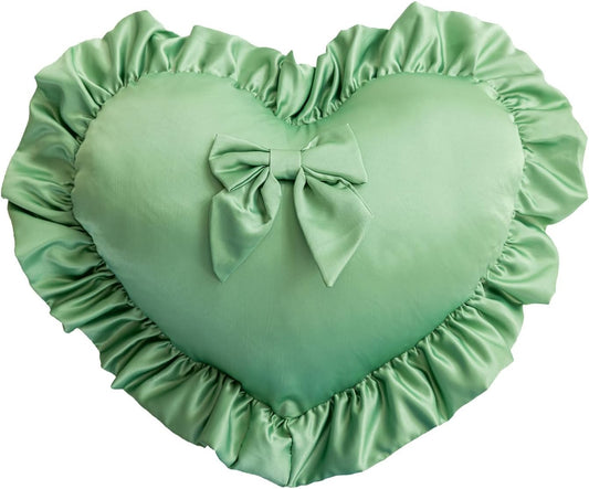 Heart Pillows, Cute Ruffled Heart Shaped Throw Pillows with Bow Soft Stuffed Love Decorative Pillow Cushion for Sofa Couch Bed Girl Room Chair Car Living Room, Green