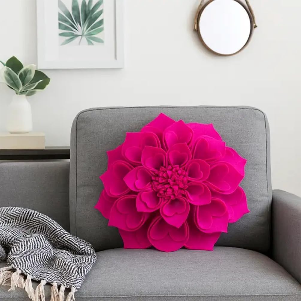 Fennco Styles Handmade 3D Heart-Shaped Petals Flower Decorative Throw Pillow Cover Only - 13" Round Magenta Floral Pillow Case for Couch, Home Décor and Holiday, Housewarming Gift
