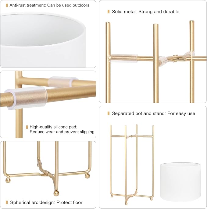 Floor Standing White Planters with Gold Stands for Indoor Plants, Large Metal Plant Pots Set of 3, Tall Planters for Mid Century Modern Living Room, Corner, Patio (Diameter 9/8/7 inches)