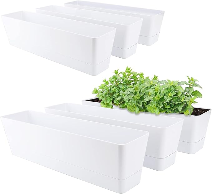 GREANER Long Window Boxes Planters, 6 Pack 16x3.8 Inch Vegetable Box Pot with Tray, Indoor Succulent Cactus Flowers Plastic Rectangle Pot for Balcony, Office, Garden, Outdoor, Windowsill - White