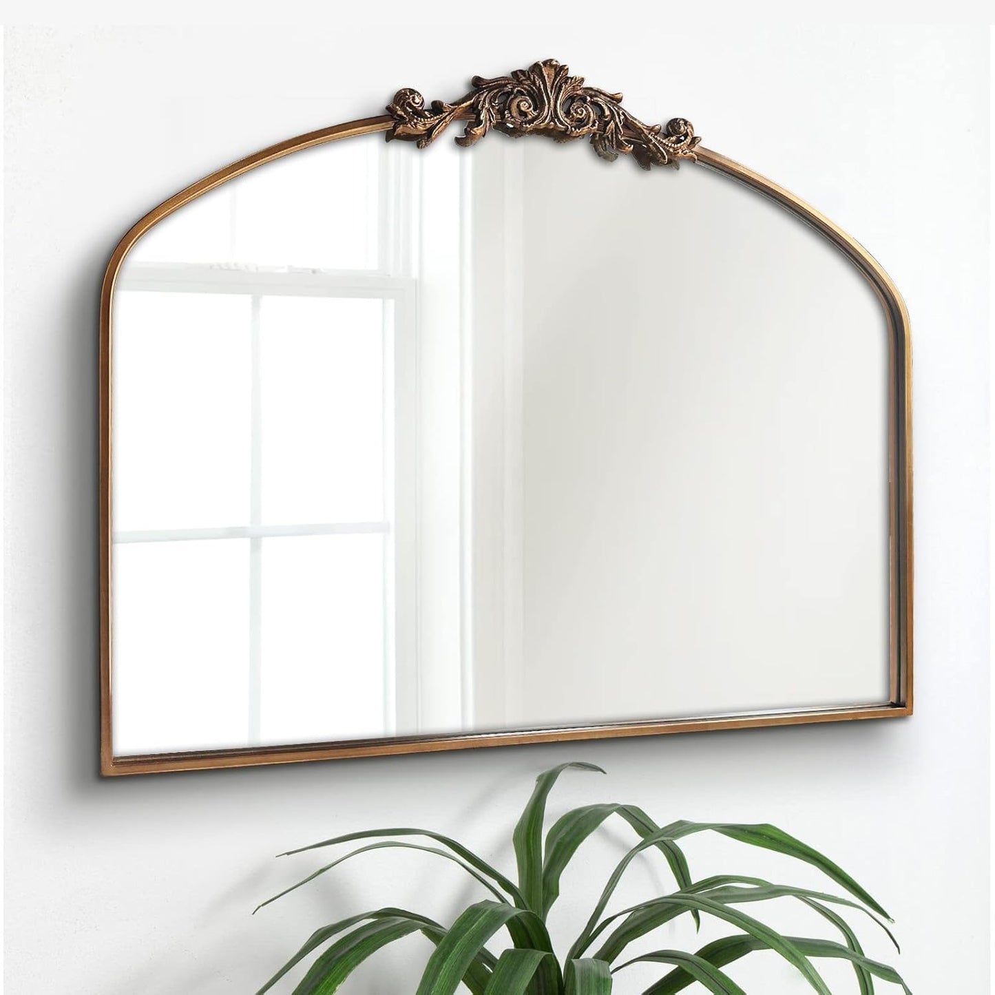 Gold Arched Mirror,Baroque Brass Fireplace Mirror Decor, Victorian Vintage Mirrors with Full Matel Frame,Ornate Mirrors for Entryway/Bathroom/Living Room/Hallway 36"X30"
