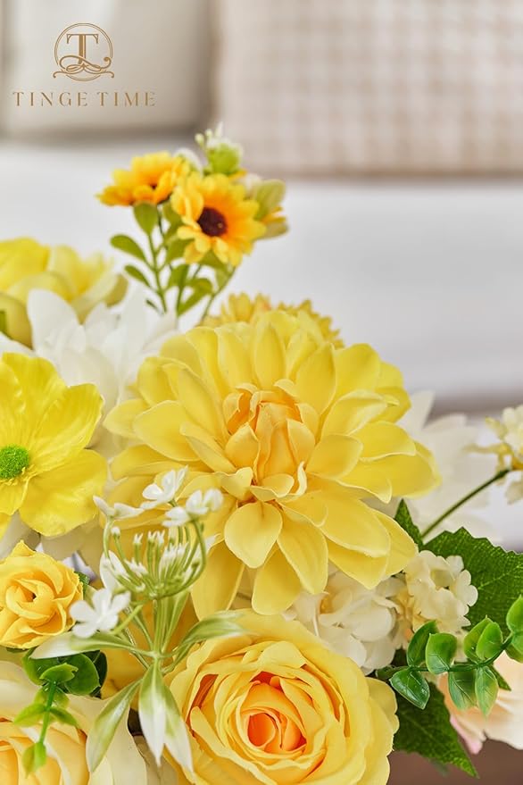TINGE TIME Fake Flowers Artificial Flowers Peonies Bulbous Chrysanthemum Daisy Hydrangea Sunflower Violets Dahlia Daffodils Epiphyllum Orchid Cherry Blossom Camellia Leyaron (Yellow)