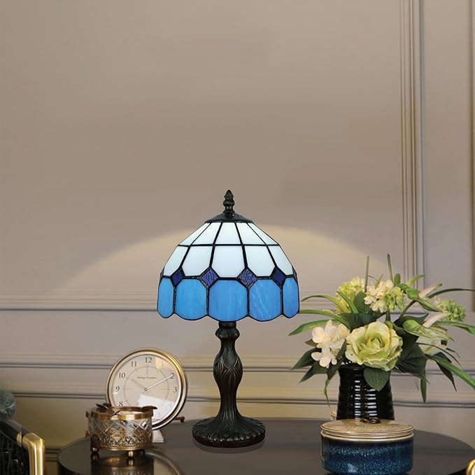 Tiffany Table Lamp 8'', Blue Tiffany Style Table Lamp for Bedroom Study Office Home Stained Glass Lamp