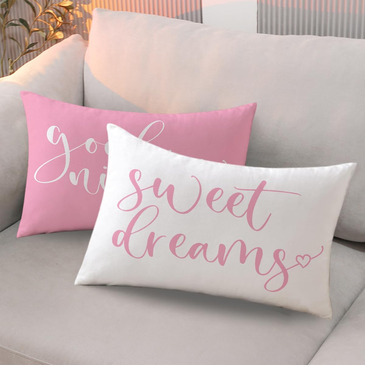 Bedding Decorative Lumbar Pillowcases Sweet Dreams Good Night Cushion Covers Sleep Themed Decorative Throw Pillow Covers 12''x20'',2Pack Super Soft for Bedroom Guest Room Housewarming Gifts (Pink)