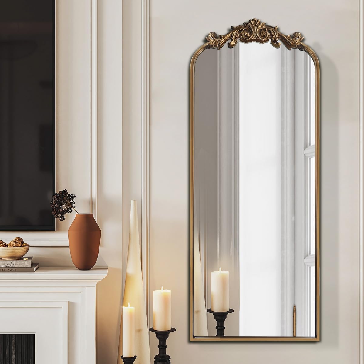 Large Gold Antique Mirror, Tall Arched Floor Mirror,Ornate Design Vintage Wall Mirror Decor for Entryway,Hallway,Living Room,Fireplace 18"X53"
