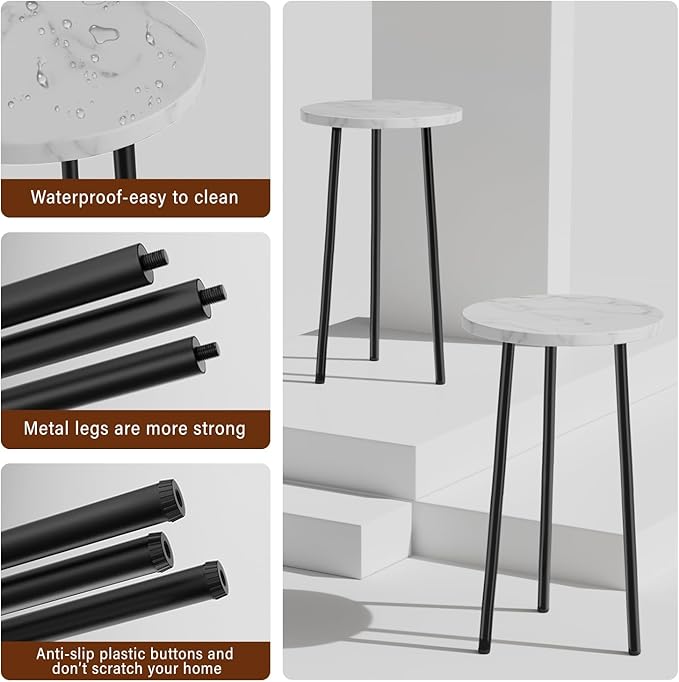 Plant Stand Indoor 2 Pack: Corner Wood 20 Inch Plant Stand Mid Century Modern Decor - Small Round Plant Table for Indoor Plants - Plant Holder for Patio Living Room Bathroom Office (White Marble)