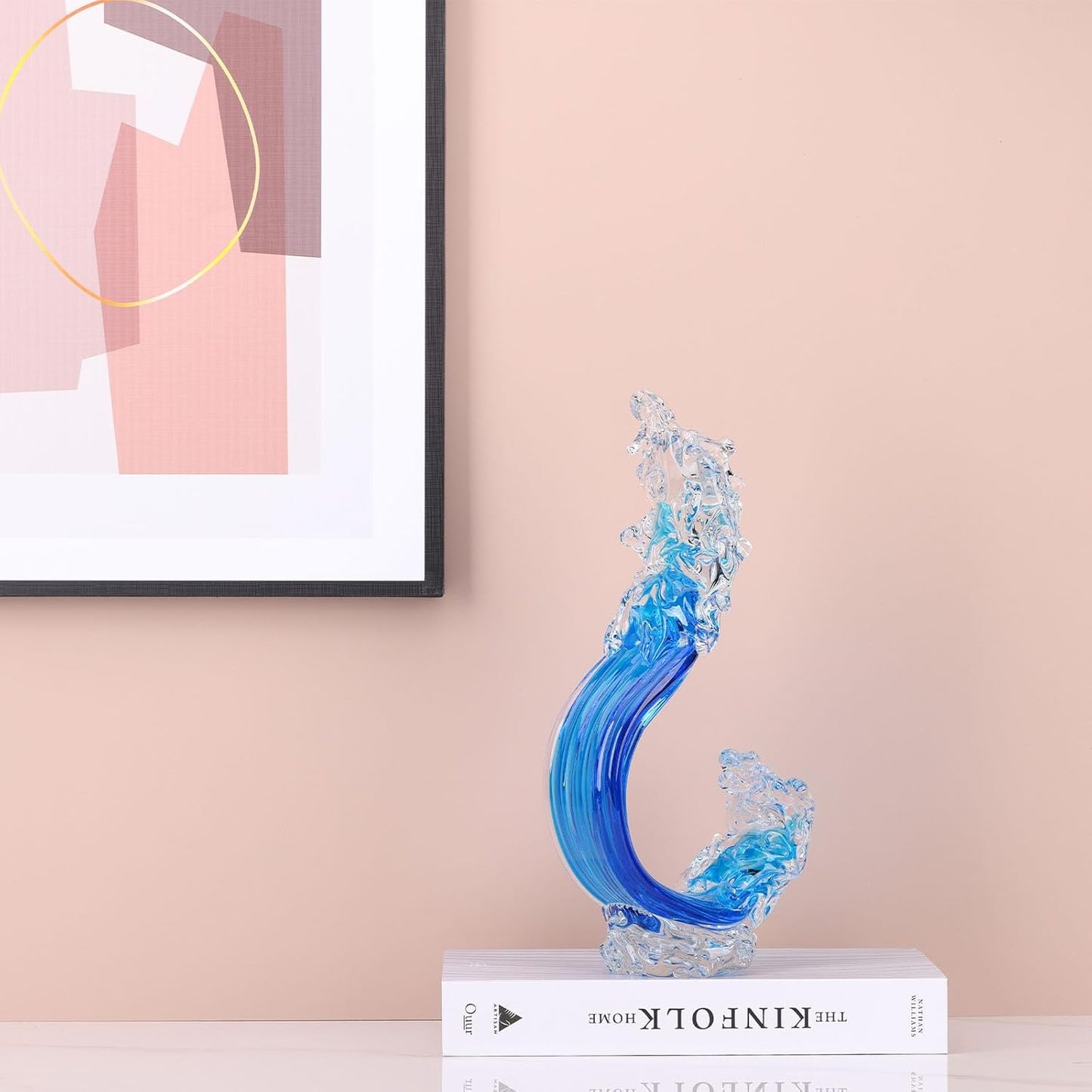 LCCCK Blue Glass Beach House Decor, Hand Blown Ocean Wave Decorate, Tall Blue Glass Sculpture Home Decor, Ocean Wave Fused Art Figurines, for Sea Art Beach Coastal Nautical Office Surfers Gifts