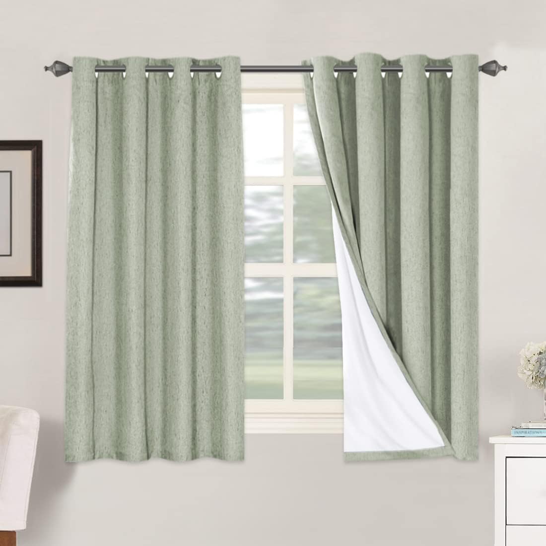 H.VERSAILTEX Linen Blackout Curtains 54 Inches Long 100% Absolutely Blackout Thermal Insulated Textured Linen Look Curtain Draperies Anti-Rust Grommet, Energy Saving with White Liner, 2 Panels, Sage