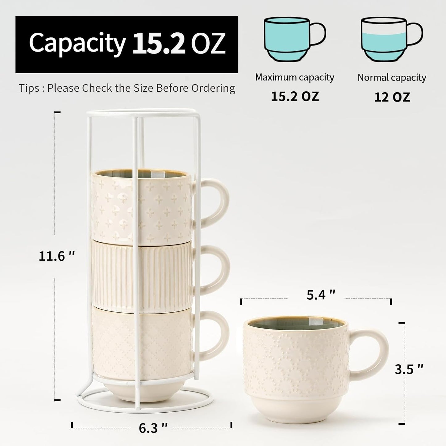 JIEMEI HOME Large Ceramic Coffee Mug Set of 4 with Stand, 15 Oz Stackable Different Embossment Ribbed Latte Cup Set for Cappuccino, Tea, Hot Cocoa, Drinks - Dishwasher & Microwave Safe, White & Green