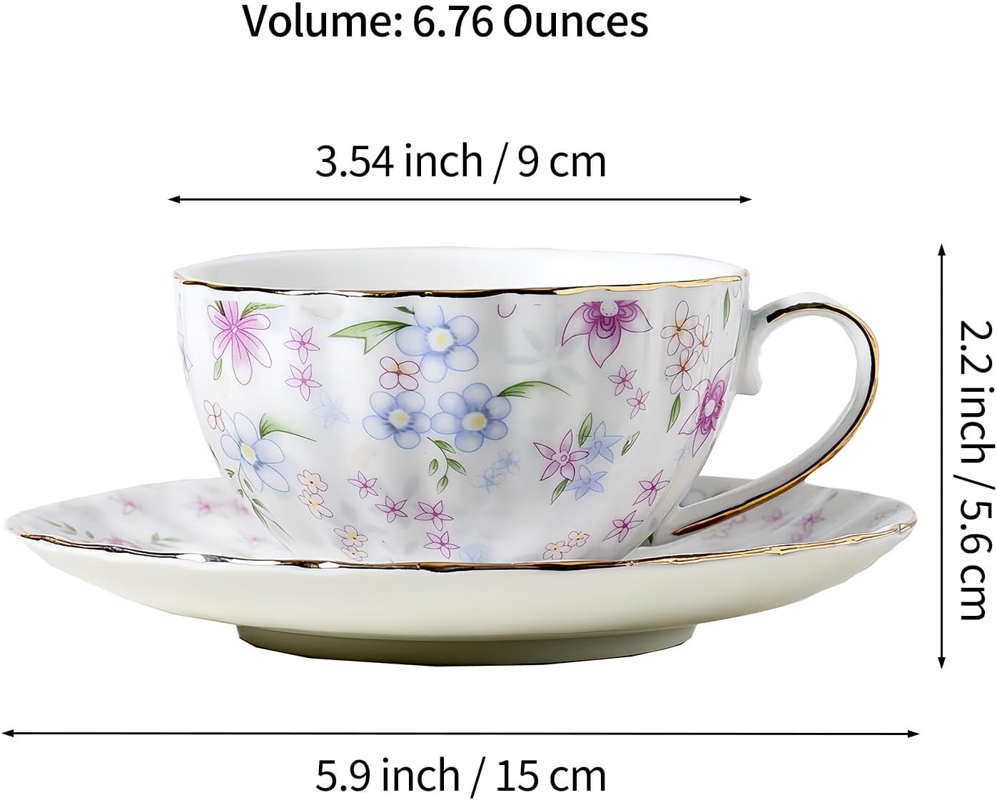 fanquare Country Style Floral Tea Cup and Saucer Set, 6 Ounces Cappuccino Coffee Cup with Gold Trim, Porcelain Teacups for Women and Tea Parties