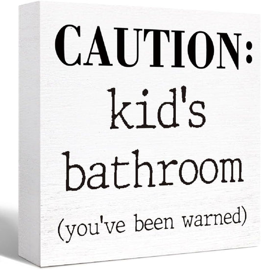Kids Bathroom Sign Wood Block,Funny Kid's Bathroom Caution Wood Block Sign for Kid Washroom Shelf Toilet Restroom Shelves Decor 5"L x 5"W x 1.1"H