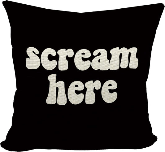 Mancheng-zi Funny Scream Decor, Scream Pillow Covers 18x18, Fun Pillows,Fun Throw Pillows,Funny Throw Pillows,Fun Decorative Pillows,Scream Here Funny Humor Throw Pillow Case(Black)