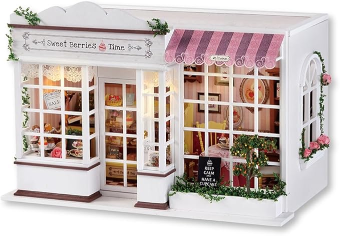 TuKIIE DIY Miniature Dollhouse Kit with Furniture, 1:24 Scale Creative Room Opened & Closed Wooden Doll House Plus Dust Proof & Music Movement for Kids Teens Adults(Sweet Berries Time)