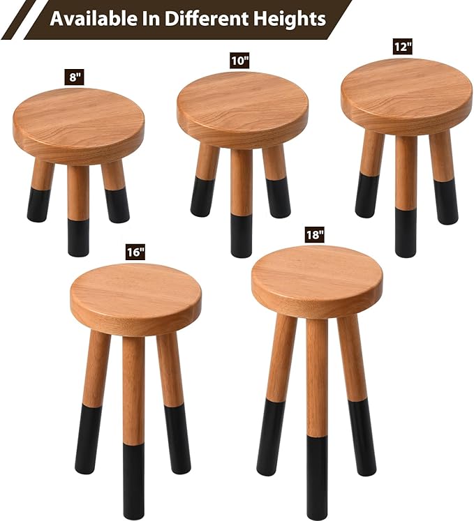 Rubber Wood 9" Round Plant Stand |Dip Dyed Black Stool, Wood Riser |Milking Stool (10" H)