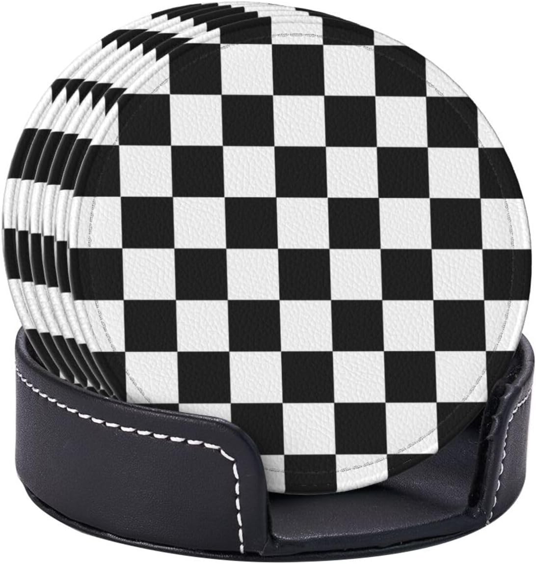Drink Coasters with Holder Stand Set of 6 Black and White Checkerboard Pu Leather Absorbent Coasters with Cork Base Table Round Coaster for Housewarming Apartment Kitchen Bar Decor