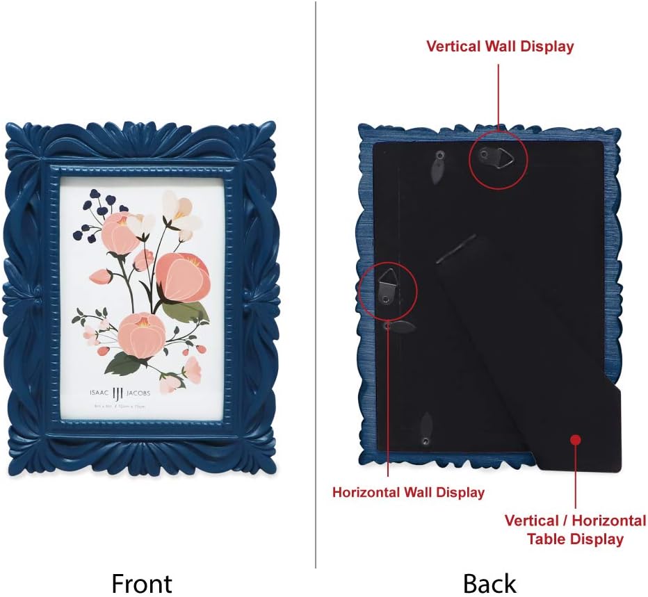 Isaac Jacobs 4x6 Navy Wave Textured Hand-Crafted Resin Picture Frame with Easel & Hook for Tabletop & Wall Display, Decorative Swirl Design Home Décor, Photo Gallery, Art, More (4x6, Navy)