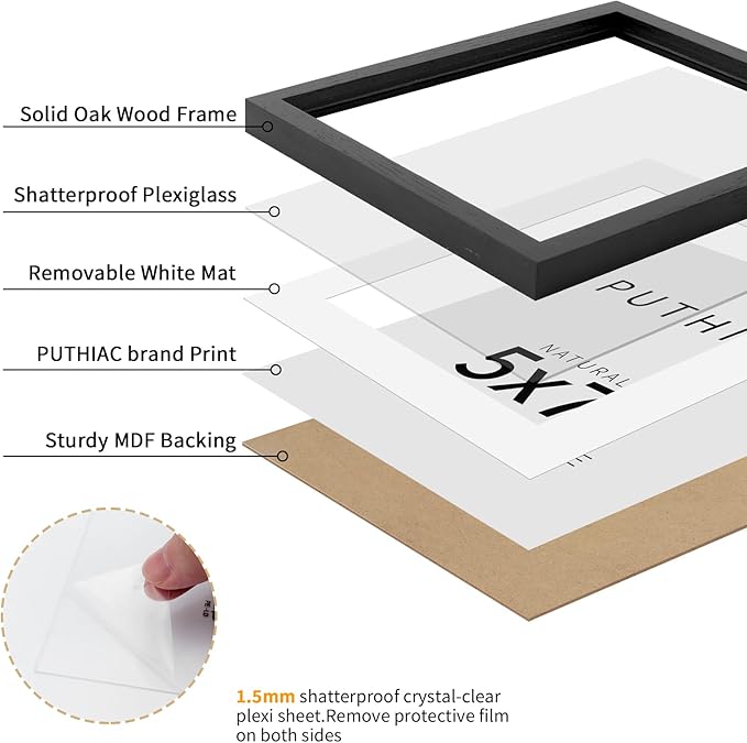 5x7 Oak Wood Picture Frame - Minimalist 5x7 Picture Frame, 5"x7" Frame Wood, Natural Solid Wooden Picture Frames for Wall Art Photo and Prints(1 Pack, Black)