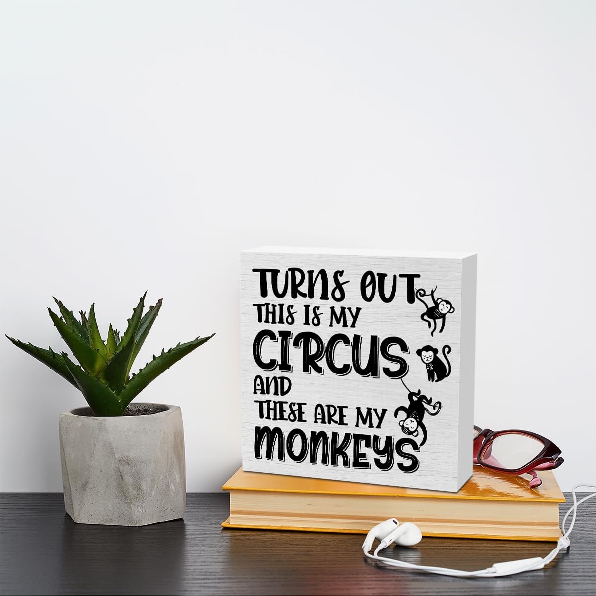 Funny Gifts for Coworker Promotion Monkey Decor Rustic Wooden Box Sign, Desk Decor Office Desk Accessories for Table Home Bedroom Farmhouse Bathroom Cubicle Decorations Wood Block Plaque Box Sign