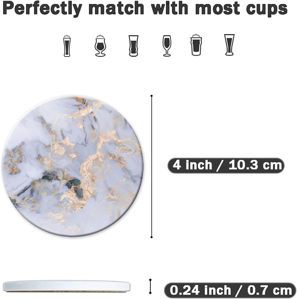 DOOKE Drink Coasters Set of 6, Round Absorbent Ceramic Stone Coasters with Cork Base, Funny Drink Coasters with Holder for Cold Drinks Wine Mugs and Cups, 4 Inch, Marble