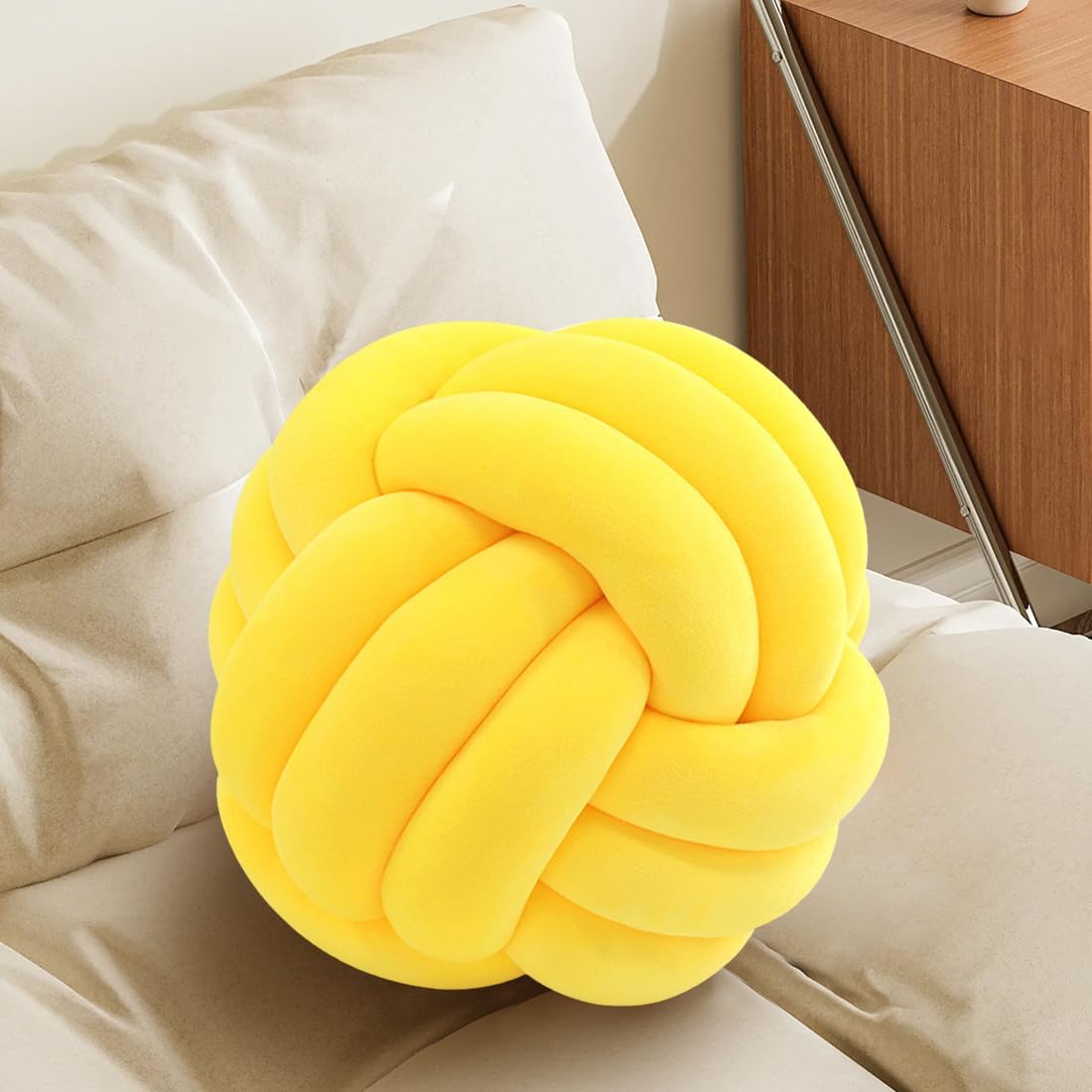 Knot Pillow Ball, Handmade Decorative Throw Pillow, Soft Round Knotted Cushion for Couch & Bedroom, Cute Home Decor, Braided Pillow for Living Room (7.87 Inches, Yellow)