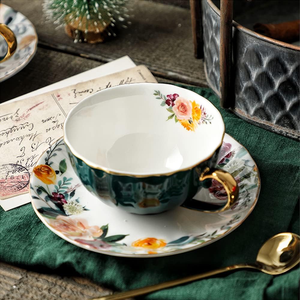 Green Tea Cup and Saucer,Porcelain Coffee Cup Royal Ceramic Floral Lined Design Teacup with Gold Trim and Spoon,8 oz Vintage China Mug Cup for Latte,Cappuccino,Tea Sets Birthday Gift
