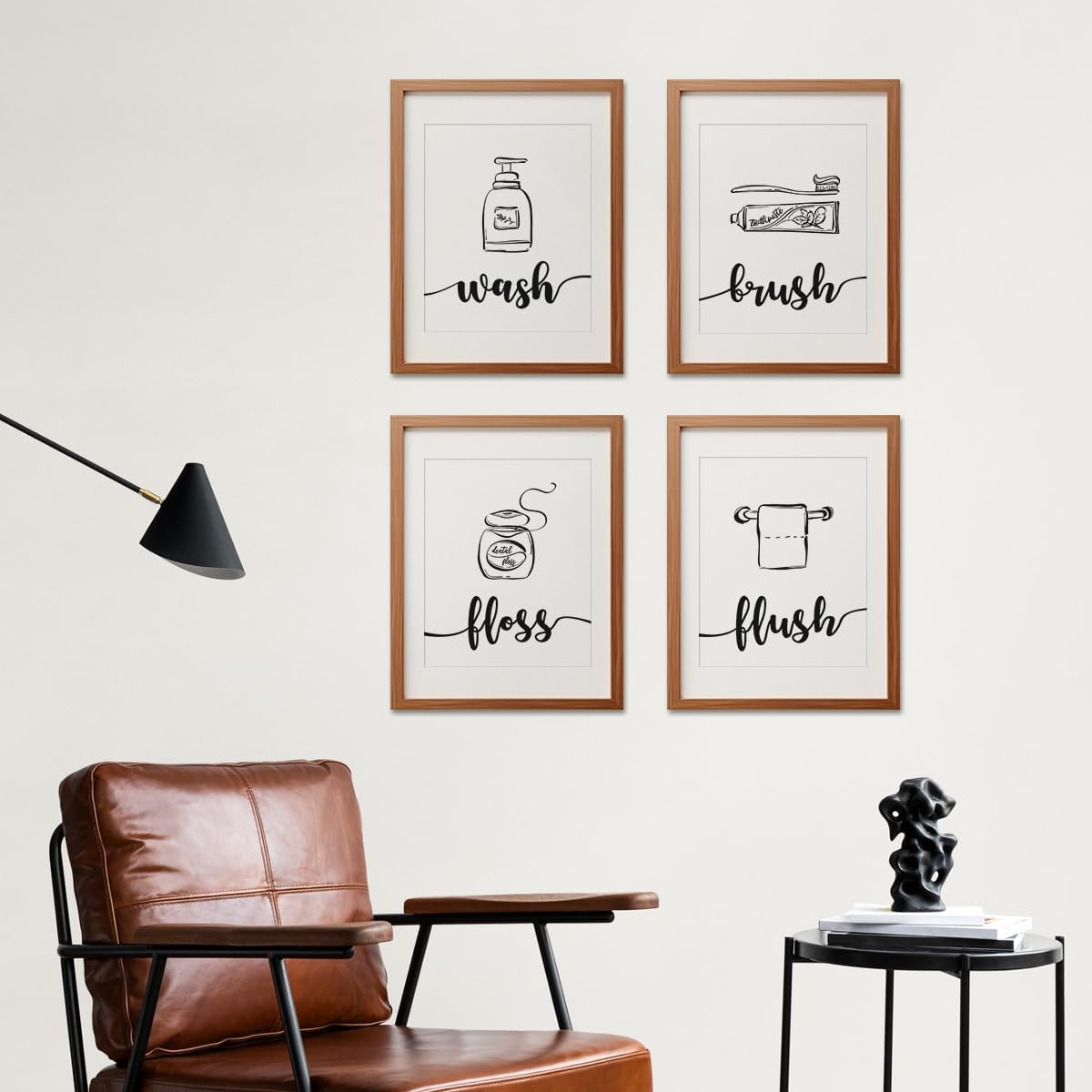 ETVISO Bathroom Wall Decor Set of 4, Minimalist Modern Restroom Wall Decor, Black And White Bathroom Decor, Wash Brush Floss Flush Wall Decor, 8x10 (Unframed)