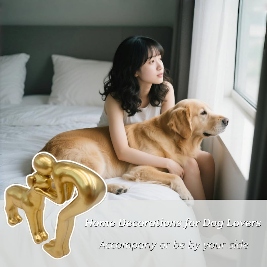 Gold Human and Dog Statue Decoration, Cute Pet Sculpture Home Decor Tabletop Ornament Office Living Room Bedroom Home, for Dog Lovers Friends Family Decoration