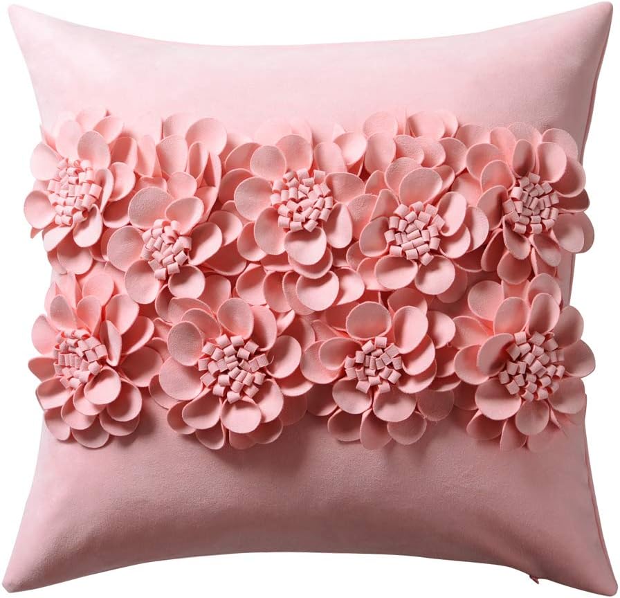 JWH Handmade 3D Flower Throw Pillow Covers Aesthetic Decorative Colorful Floral Accent Pillow Cases Stereo Pillowcase Cute Cushion for Car Bed Couch Bedroom Sofa 18x18 Inch Pink