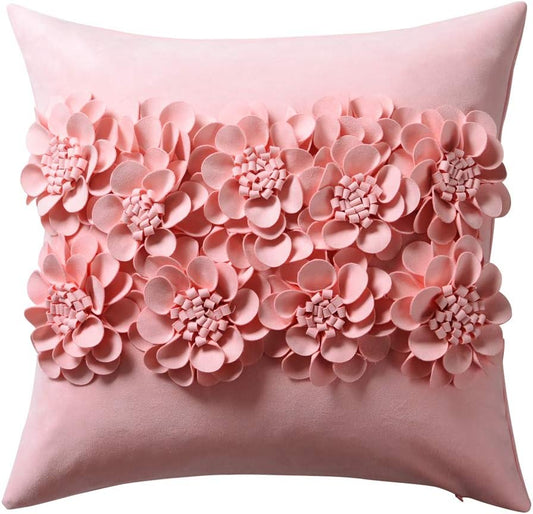JWH Handmade 3D Flower Throw Pillow Covers Aesthetic Decorative Colorful Floral Accent Pillow Cases Stereo Pillowcase Cute Cushion for Car Bed Couch Bedroom Sofa 18x18 Inch Pink
