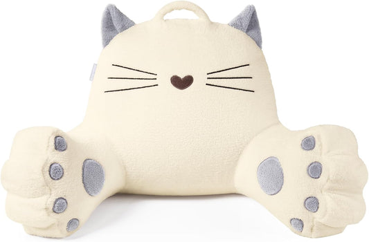Blissful Diary Kitty Reading Pillow for Kids/Teens/Adults, Back Pillow for Sitting Up in Bed with Shredded Memory Foam, Bed Rest Pillow with Arms, Back Support Pillow with Washable Cover (Off White)