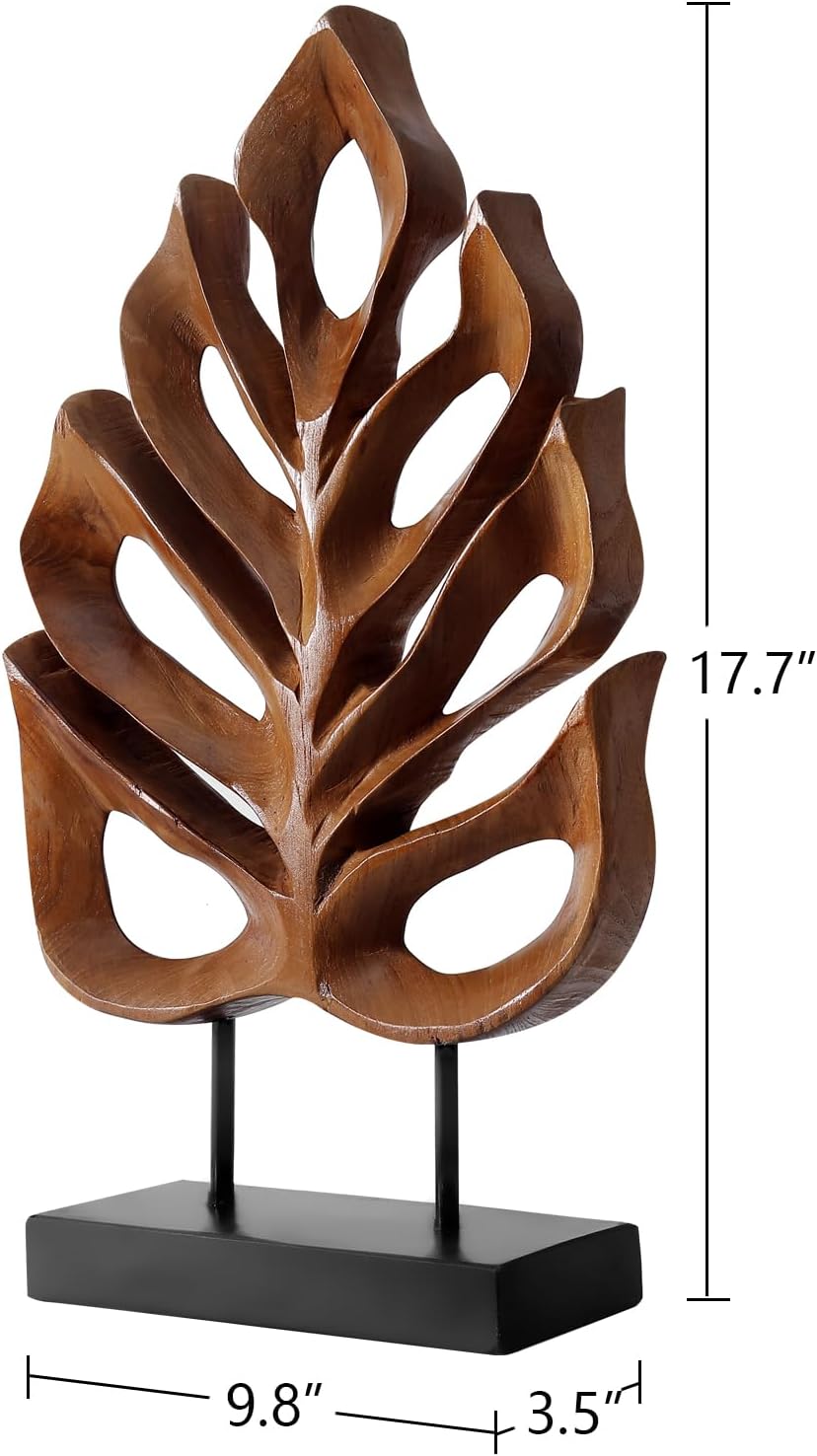 Leaf Teak Sculpture, Wood Tabletop Sculpture Collectible Decoration Gift for Home Office Decor