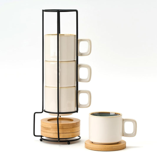 LUKA Porcelain Stackable Espresso Cups with Saucers and Metal Stand, 4 Ounce Small Ceramic Demitasse Cups Set for Latte, Specialty Coffee Drinks, Cafe Mocha,Tea - Set of 4, White Green Interior