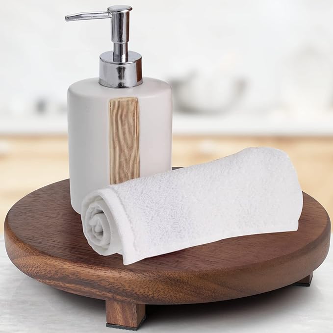 Walnut Wood Pedestal Stand, 9.06" Round Wood Riser for Kitchen Counter, Farmhouse Soap Tray Wooden Display Riser for Decor, Plant, Bottle, Cake Stand