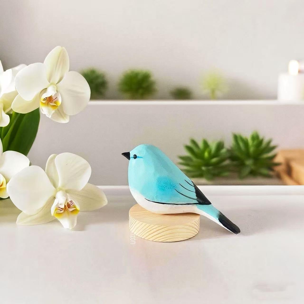 Handmade Wooden Blue Robin Figurine – 3.7" Carved & Hand-Painted Bird Statue, Desktop & Home Decor, Rustic Art, Gift for Bird Lovers