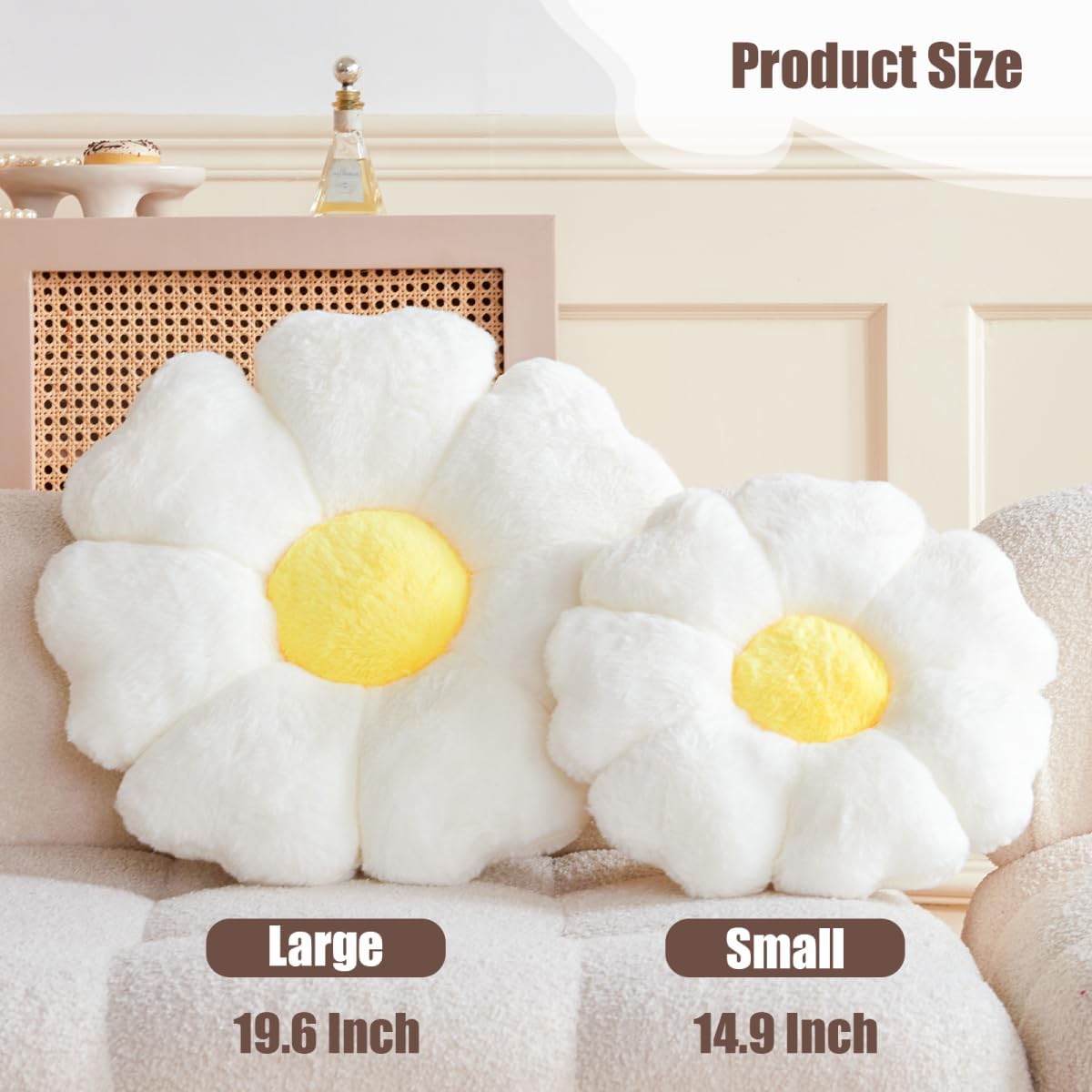 Flower Pillow, White Daisy Flower Decorative Pillows for Bed, Cute 19.6" Flower Shaped Pillow with Soft Faux Rabbit Fur Dorm Home Decor Floor Seating Cushion