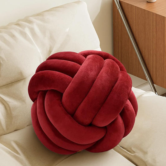 Knot Pillow Ball, Handmade Decorative Throw Pillow, Soft Round Knotted Cushion for Couch & Bedroom, Cute Home Decor, Braided Pillow for Living Room (10.6 Inches, Dark Red)
