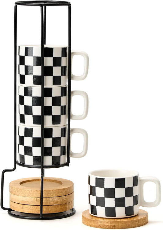 LUKA Porcelain Stackable Black and White Checkered Espresso Cups with Saucers and Metal Stand, 4 Ounce Small Ceramic Demitasse Cups Set for Coffee Drinks, Latte, Tea - Set of 4, White Interior
