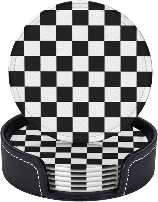 Drink Coasters with Holder Stand Set of 6 Black and White Checkerboard Pu Leather Absorbent Coasters with Cork Base Table Round Coaster for Housewarming Apartment Kitchen Bar Decor