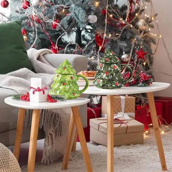 15oz Christmas Tree Mug with Lid Cute Ceramic Xmas Tree Coffee Mug Adorable Festive Ceramic Coffee Cup Winter Xmas Holiday Birthday Tabletop Drinkware Teacup Gifts for Adults Kids Women
