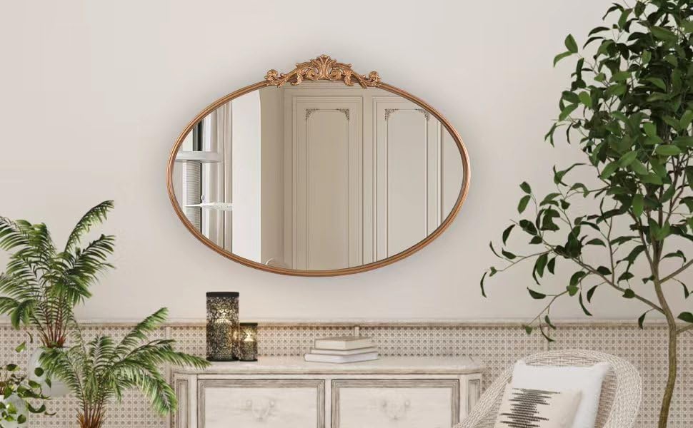 Gold Oval Mirror for Wall,Baroque Fireplace Decor,Brass Wall Mirror,Victorian Vintage with Full Matel Frame,Ornate Entryway/Bathroom/Living Room/Hallway 36''X24'' (XD-004ZM)