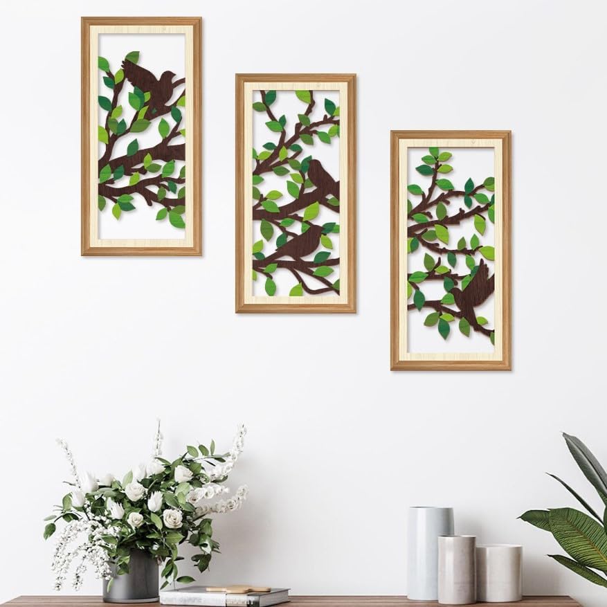 IARTTOP 3 Pcs Wooden Bird on Tree Wall Decor Boho Modern Nature Artwork Tree of Life Wood Wall Art Branch Silhouette Laser Bird Art Decor for Living Room Bedroom Office 7.9 x15.8 Inch