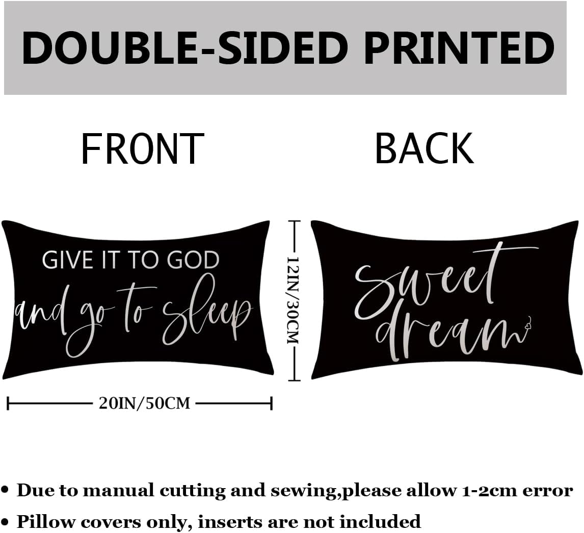 Bedding Decorative Pillowcases Reversible Give It to God and Go to Sleep Cushion Covers Sleep Themed Throw Pillow Covers 12''x20'' for Bedroom Guest Room Housewarming Gifts (Black)