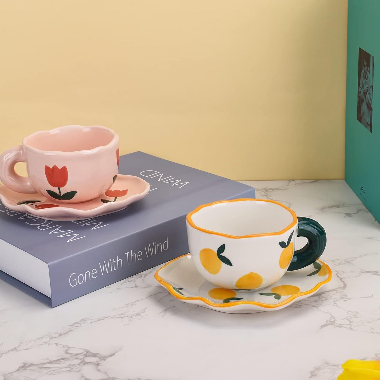 Koythin Ceramic Coffee Mug with Saucer Set, Cute Creative Cup Unique Irregular Saucer Design for Office and Home, Dishwasher and Microwave Safe, 6 oz/180 ml for Latte Tea Milk (Fresh Orange)
