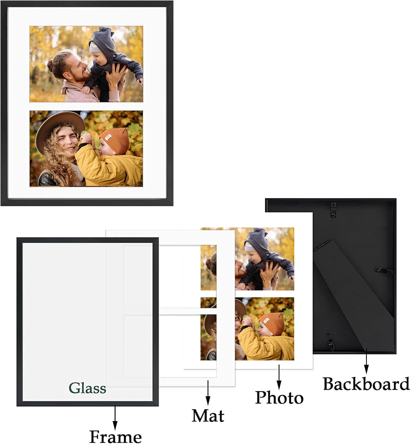Frametory - 8x10 Aluminum Collage Picture Frame - Display 4x6 Pictures with 2 Openings Mat - Real Glass Front - With Easel Stand for Horizontal/Vertical Wall Mount - Black 1 Pack