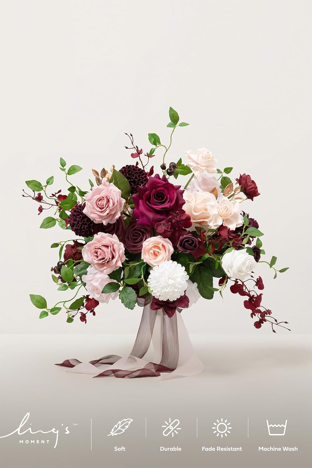 Ling's moment Burgundy Wedding Bouquets for Bride, Marsala Bridal Bouquets for Bride, 17 Inch Free Form Artificial Wedding Flower Bouquet
