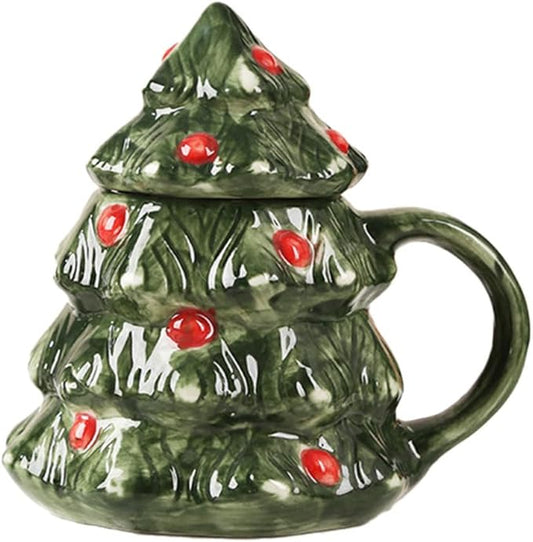 15oz Christmas Tree Mug with Lid Cute Ceramic Xmas Tree Coffee Mug Adorable Festive Ceramic Coffee Cup Winter Xmas Holiday Birthday Tabletop Drinkware Teacup Gifts for Adults Kids Women