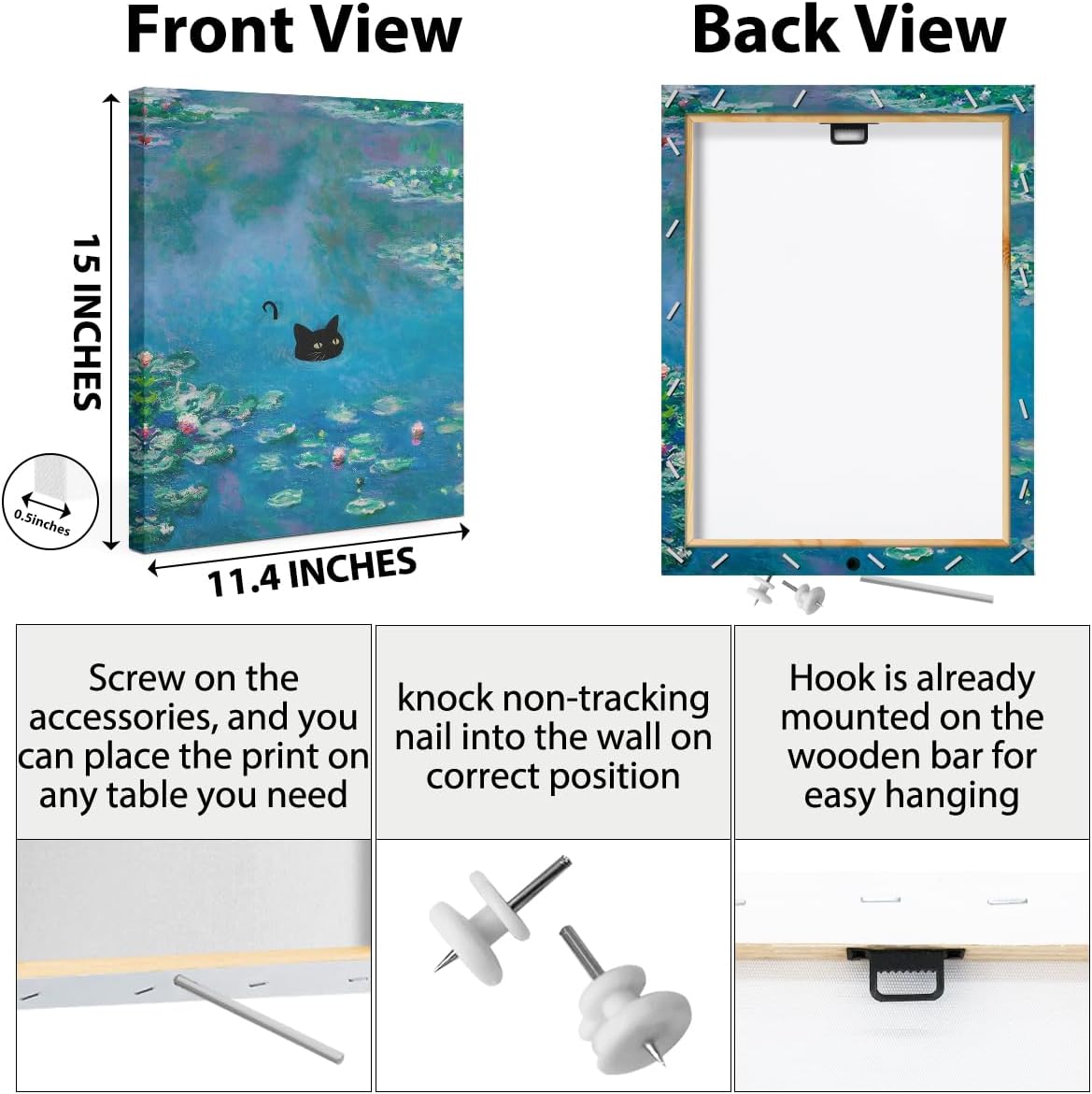 HZMLYDJ Cute Cat Wall Art Funny Cat in Water Lilies Posters Vintage Canvas Wall Art for Room Bedroom Living Room Bathroom Decor Aesthetic, Trendy Paintings Aesthetic Cats Lovers Decoration